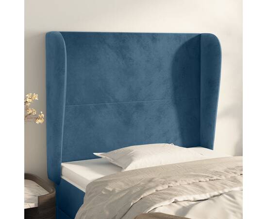 Tăblie pat cu aripioare albastru închis 93x23x118/128cm catifea