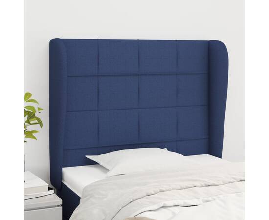 Tăblie de pat cu aripioare, albastru, 93x23x118/128 cm, textil