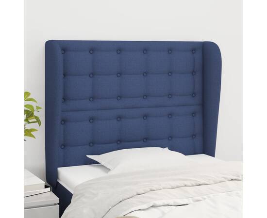 Tăblie de pat cu aripioare, albastru, 103x23x118/128 cm, textil