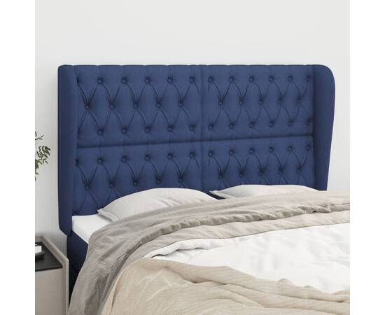 Tăblie de pat cu aripioare, albastru, 163x23x118/128 cm, textil