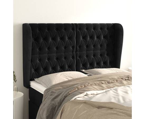Tăblie de pat cu aripioare, negru, 163x23x118/128 cm, catifea