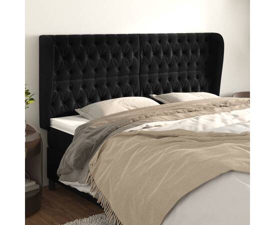 Tăblie de pat cu aripioare, negru, 183x23x118/128 cm, catifea
