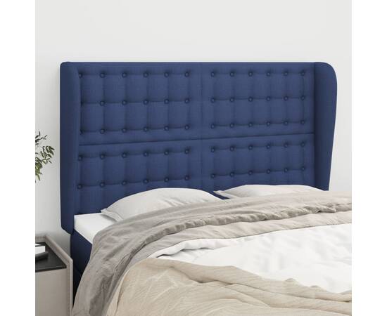 Tăblie de pat cu aripioare, albastru, 147x23x118/128 cm, textil