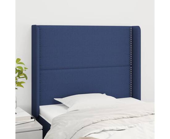 Tăblie de pat cu aripioare, albastru, 103x16x118/128 cm, textil