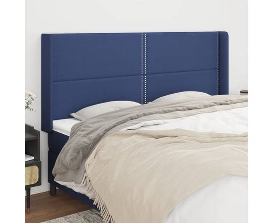 Tăblie de pat cu aripioare, albastru, 183x16x118/128 cm, textil