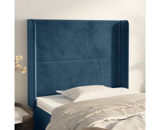Tăblie pat cu aripioare albastru închis 93x16x118/128cm catifea
