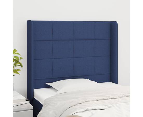 Tăblie de pat cu aripioare, albastru, 93x16x118/128 cm, textil