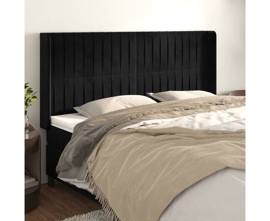 Tăblie de pat cu aripioare, negru, 183x16x118/128 cm, catifea