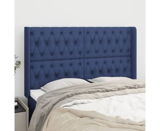 Tăblie de pat cu aripioare, albastru, 147x16x118/128 cm, textil