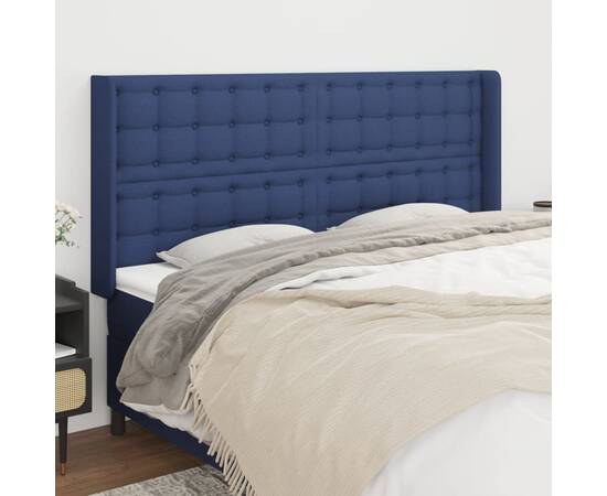 Tăblie de pat cu aripioare, albastru, 163x16x118/128 cm, textil