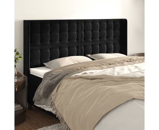 Tăblie de pat cu aripioare, negru, 203x16x118/128 cm, catifea