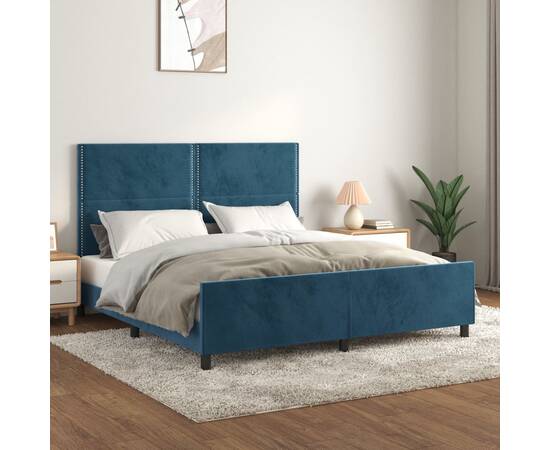 Cadru de pat cu tăblie, albastru închis, 160x200 cm, catifea