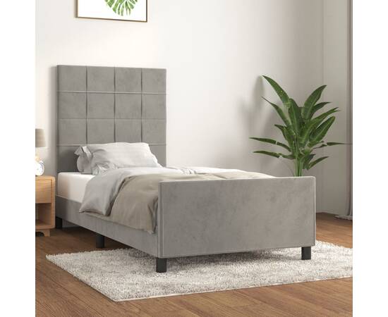 Cadru de pat cu tăblie, gri deschis, 90x190 cm, catifea