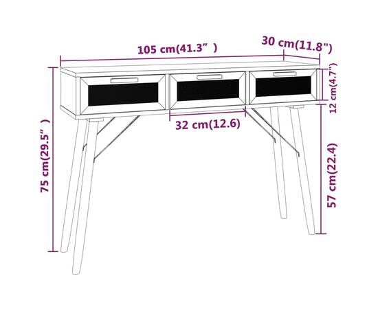 Masă consolă maro 105x30x75 cm lemn masiv pin și ratan natural, 6 image