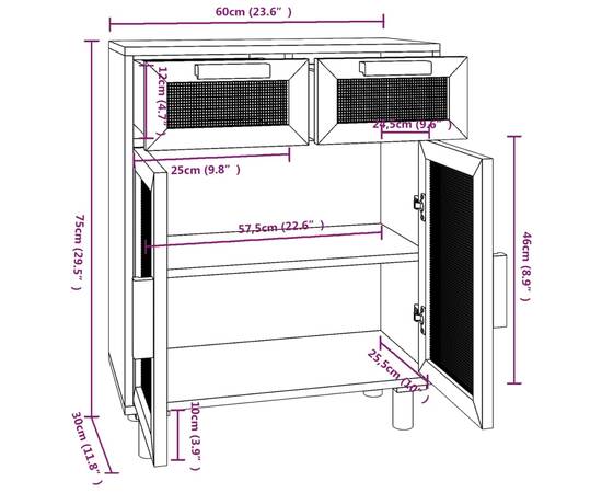 Servantă, maro, 60x30x75 cm, lemn masiv pin și ratan natural, 8 image