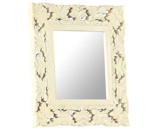 Oglindă sculptată manual, alb, 50x50 cm, lemn masiv mango, 7 image