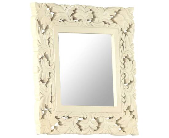 Oglindă sculptată manual, alb, 50x50 cm, lemn masiv mango, 8 image