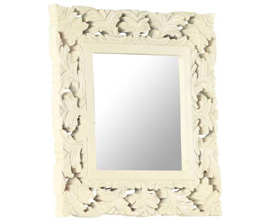 Oglindă sculptată manual, alb, 50x50 cm, lemn masiv mango, 2 image