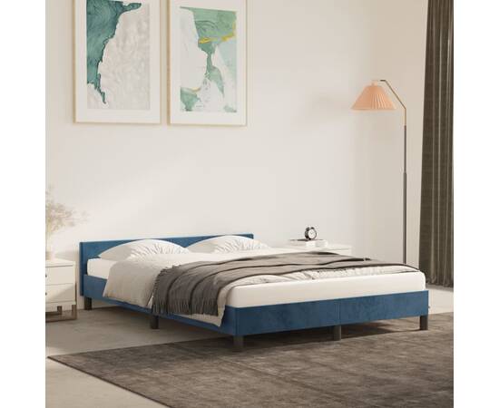 Cadru de pat cu tăblie, albastru închis, 140x200 cm, catifea