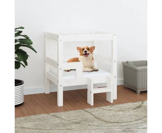 Pat pentru câini, alb, 55,5x53,5x60 cm, lemn masiv de pin