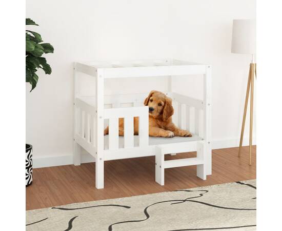 Pat pentru câini, alb, 75,5x63,5x70 cm, lemn masiv de pin