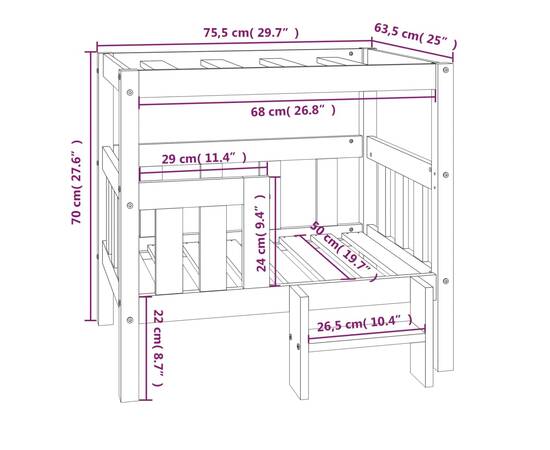 Pat pentru câini, alb, 75,5x63,5x70 cm, lemn masiv de pin, 8 image