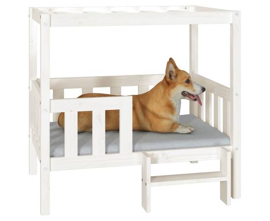 Pat pentru câini, alb, 95,5x73,5x90 cm, lemn masiv de pin, 4 image