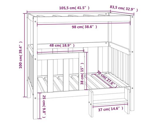 Pat pentru câini, negru, 105,5x83,5x100 cm, lemn masiv de pin, 8 image