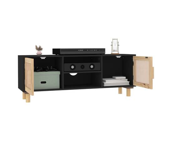Comodă tv, negru, 105x30x40 cm lemn masiv pin și ratan natural, 3 image