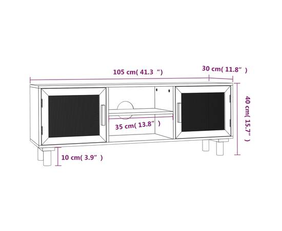 Comodă tv, negru, 105x30x40 cm lemn masiv pin și ratan natural, 8 image