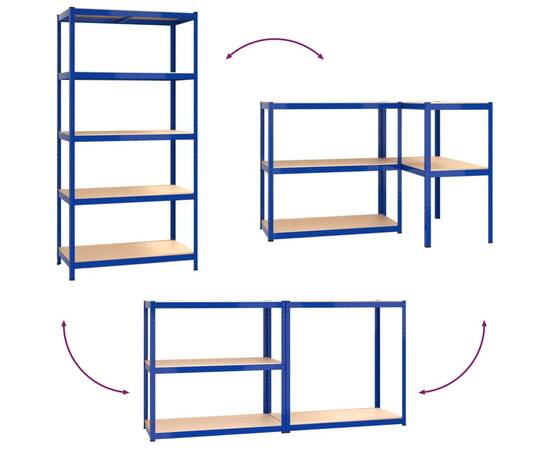Rafturi de depozitare cu 5 niveluri, 2 buc., albastru oțel/lemn, 5 image