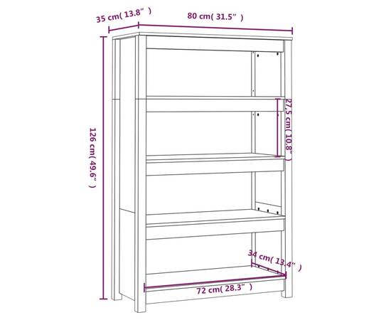 Bibliotecă, alb, 80x35x126 cm, lemn masiv de pin, 8 image