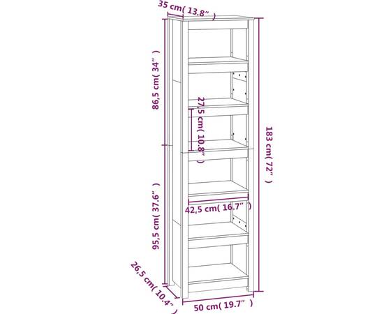 Bibliotecă, gri, 50x35x183 cm, lemn masiv de pin, 8 image