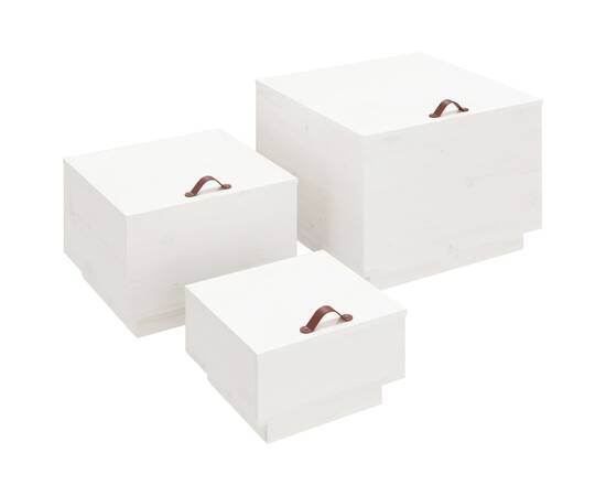 Cutii de depozitare cu capace, 3 buc., alb, lemn masiv de pin, 2 image
