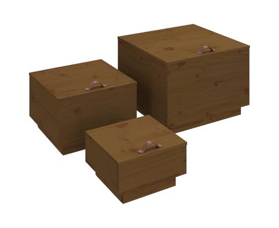 Cutii de depozitare cu capace 3 buc. maro miere lemn masiv pin, 2 image