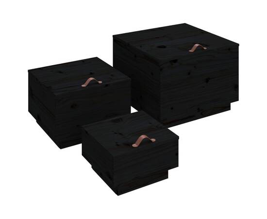 Cutii de depozitare cu capace 3 buc. negru lemn masiv de pin, 2 image