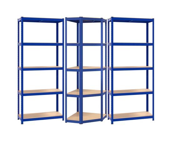 Rafturi de depozitare cu 5 niveluri, 3 buc., albastru oțel/lemn, 2 image