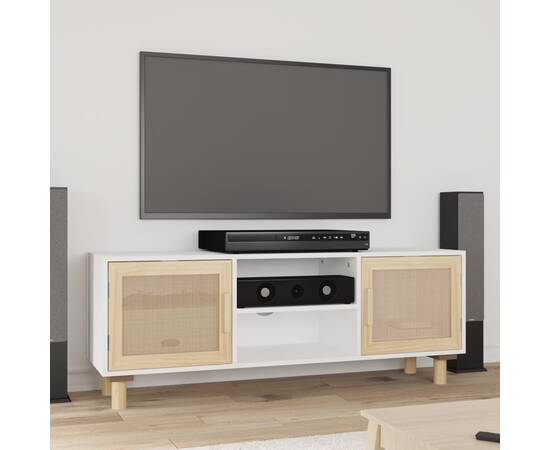 Comodă tv, alb, 105x30x40 cm lemn masiv pin și ratan natural