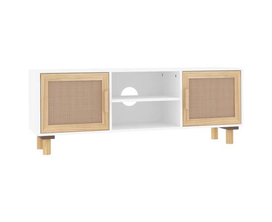 Comodă tv, alb, 105x30x40 cm lemn masiv pin și ratan natural, 2 image