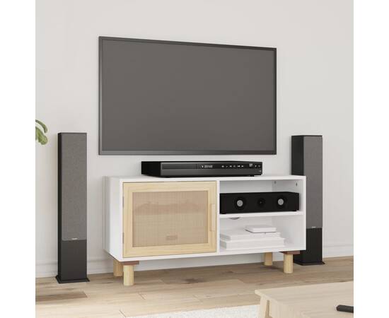Comodă tv, alb, 80x30x40 cm, lemn masiv pin și ratan natural