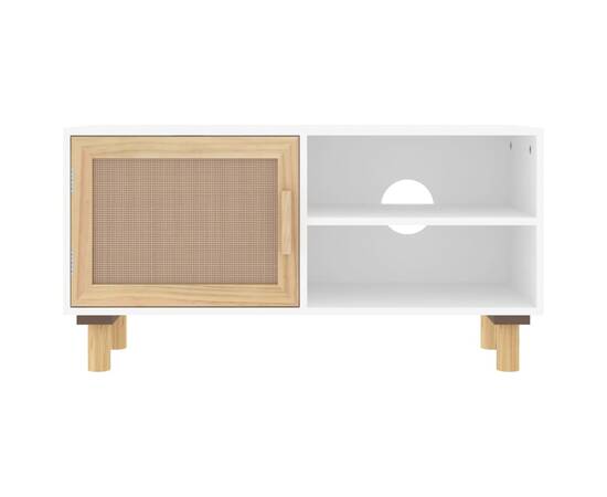 Comodă tv, alb, 80x30x40 cm, lemn masiv pin și ratan natural, 4 image