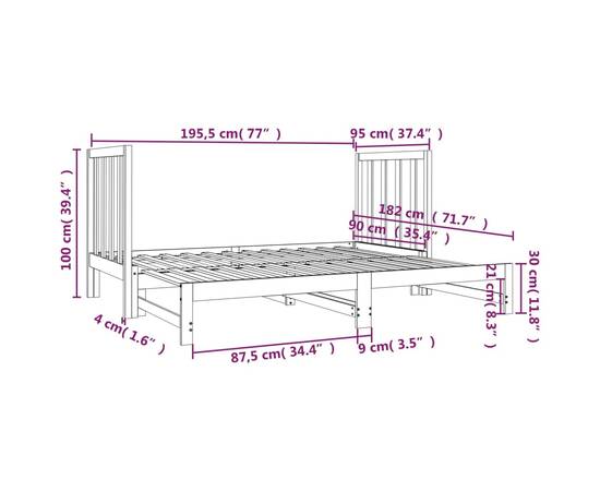 Pat de zi extensibil, alb, 2x(90x190) cm, lemn masiv de pin, 9 image