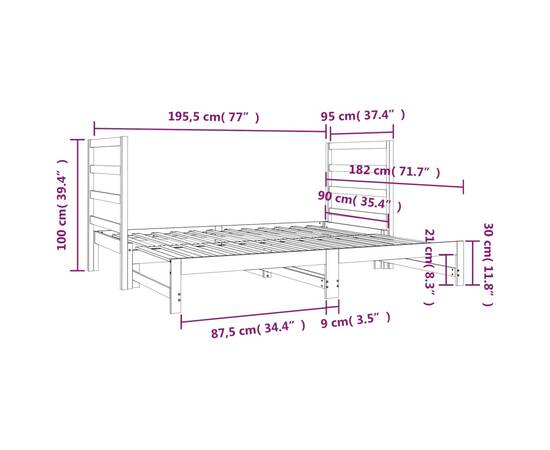 Pat de zi extensibil, gri, 2x(90x190) cm, lemn masiv de pin, 9 image