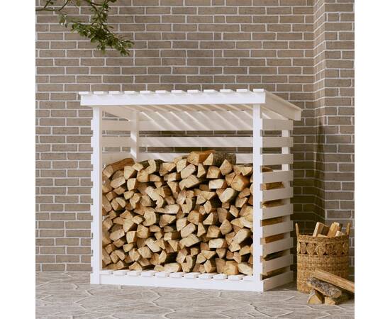Rastel pentru lemne de foc, alb, 108x73x108 cm, lemn masiv pin