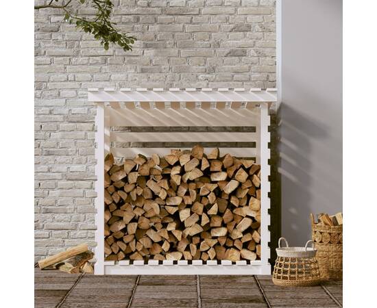 Rastel pentru lemne de foc, alb, 108x73x108 cm, lemn masiv pin, 3 image