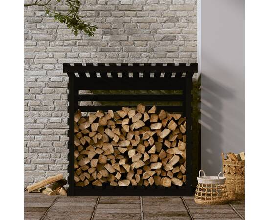 Rastel pentru lemne de foc, negru, 108x73x108 cm lemn masiv pin, 3 image